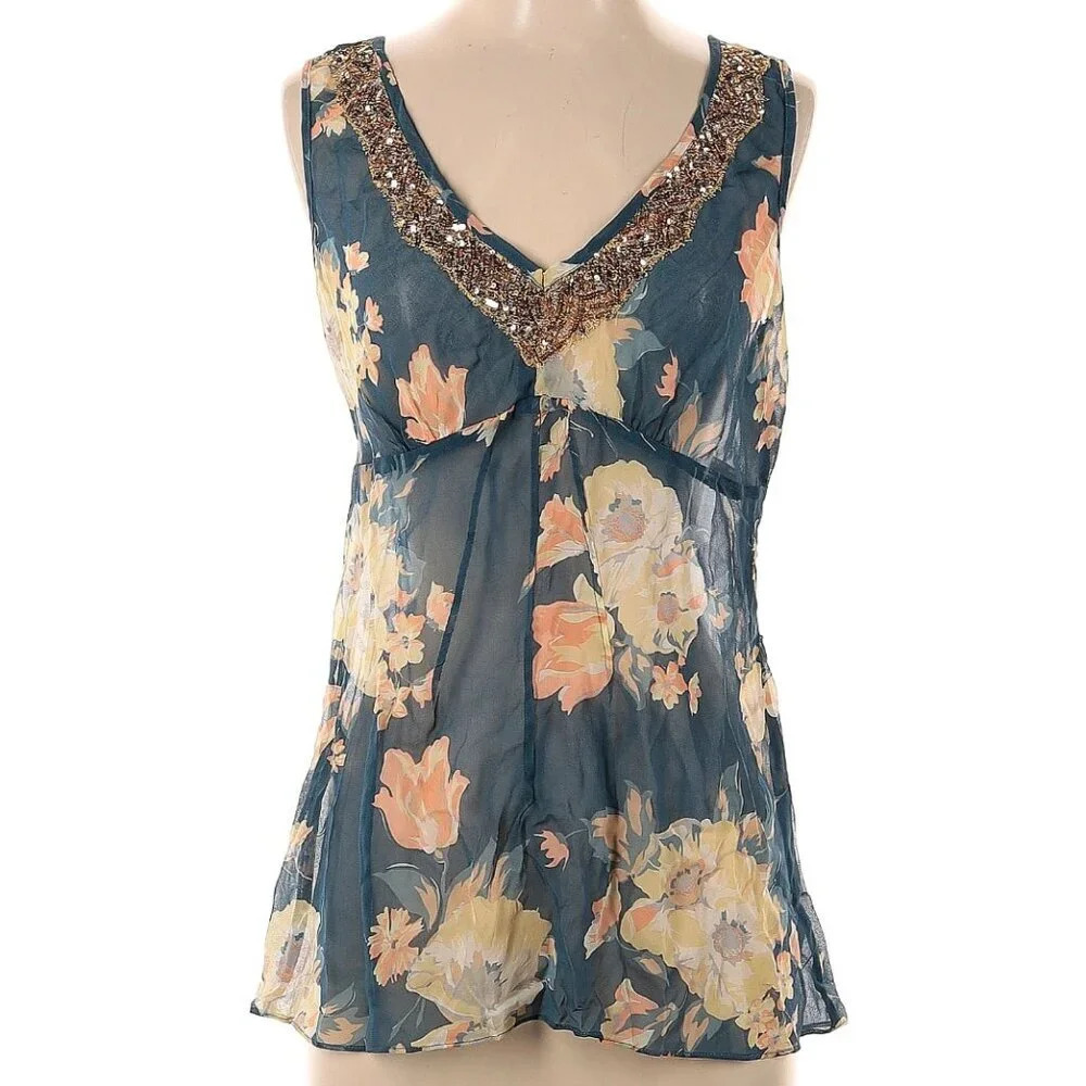 NWT Banana Republic Y2K Tank Top 100% Silk Floral Size 4 Sleeveless Babydoll